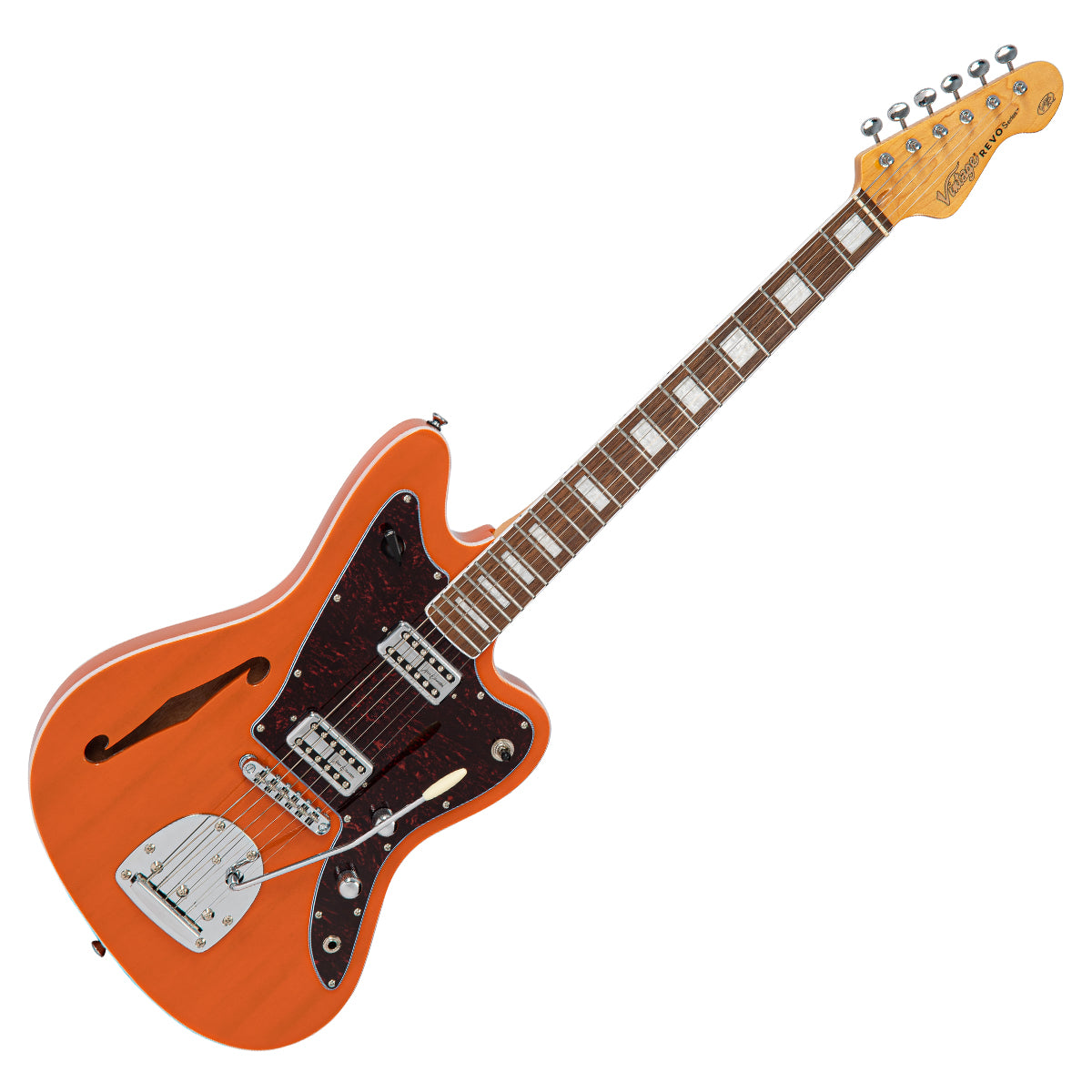 Vintage REVO Series Surfmaster Thinline Twin Electric Guitar Trans Orange Guitars N Things Wigan